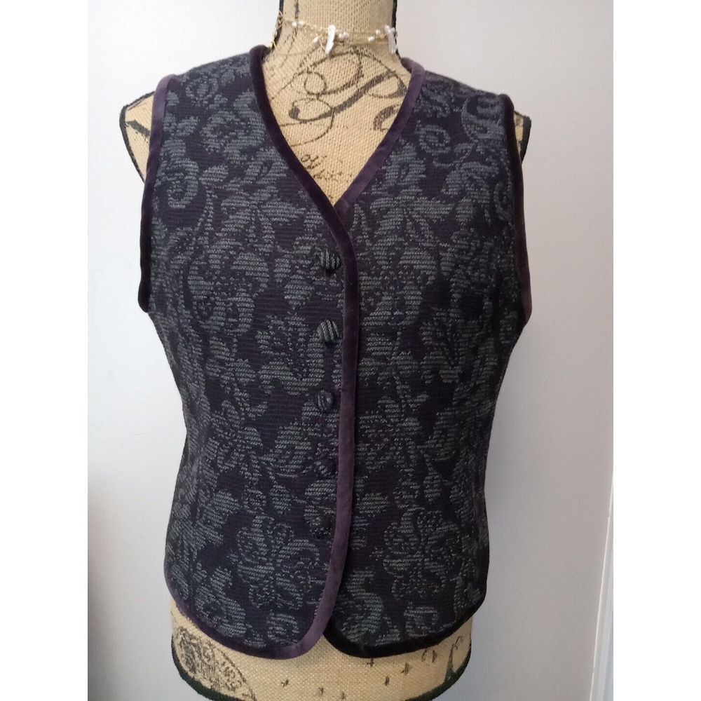 Vintage Talbots Plum Velvet Trim Floral Lined USA Knit‎ Vest Size 6